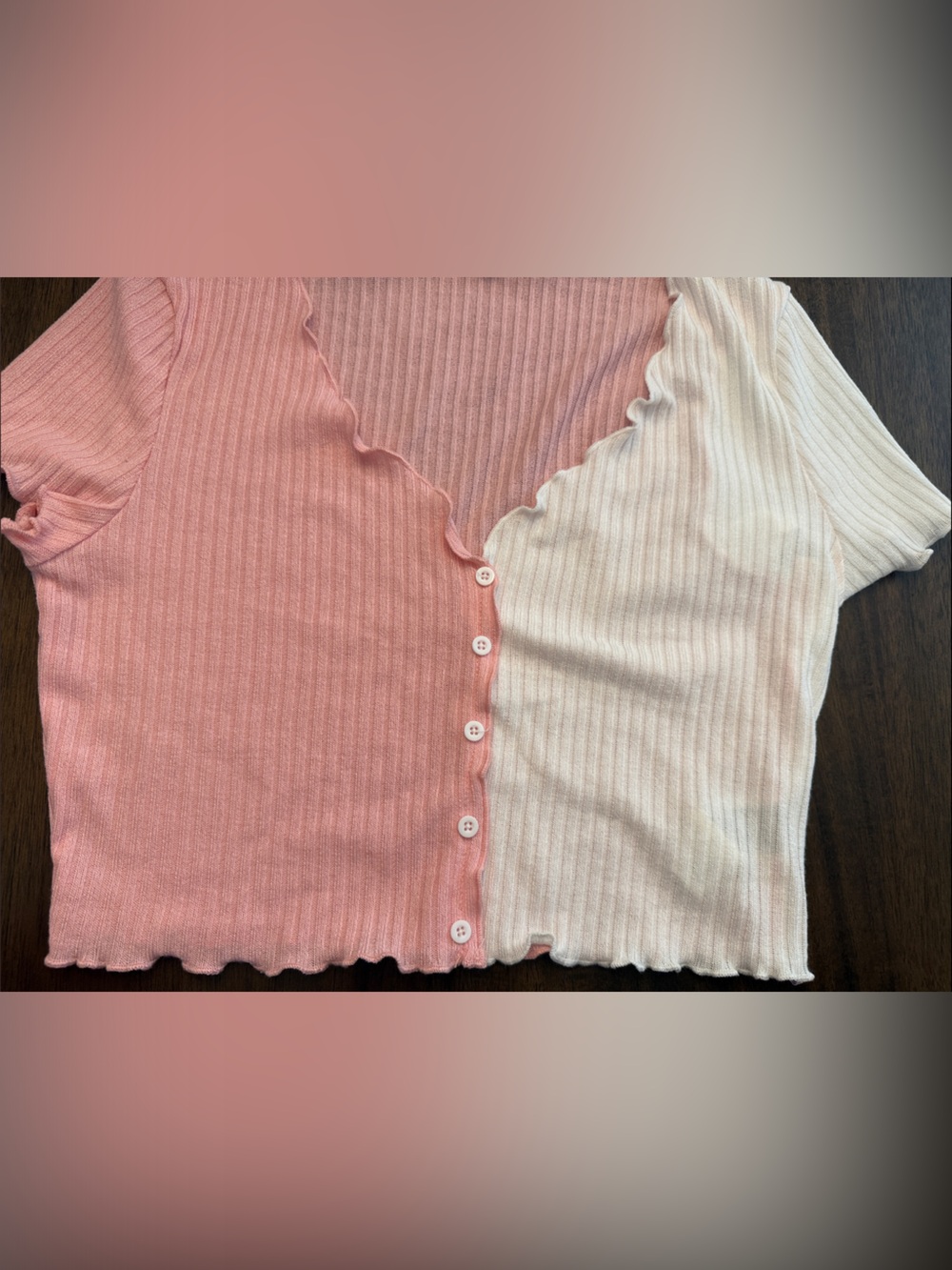 SHEIN Pink and Cream Ribbed Two-Tone Button Crop Top